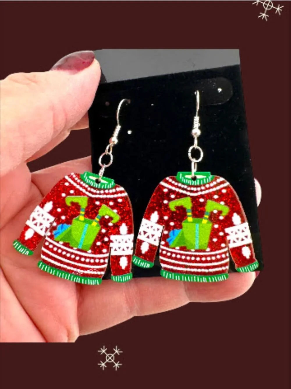 Ugly Elf Sweater Earrings Red Glitter Christmas Holiday Party Dangle Gift